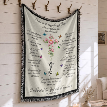 I Can Do All Things Cross Birth Month Flower Bible Verses - Personalized Woven Blanket - FTH190_WOBLK