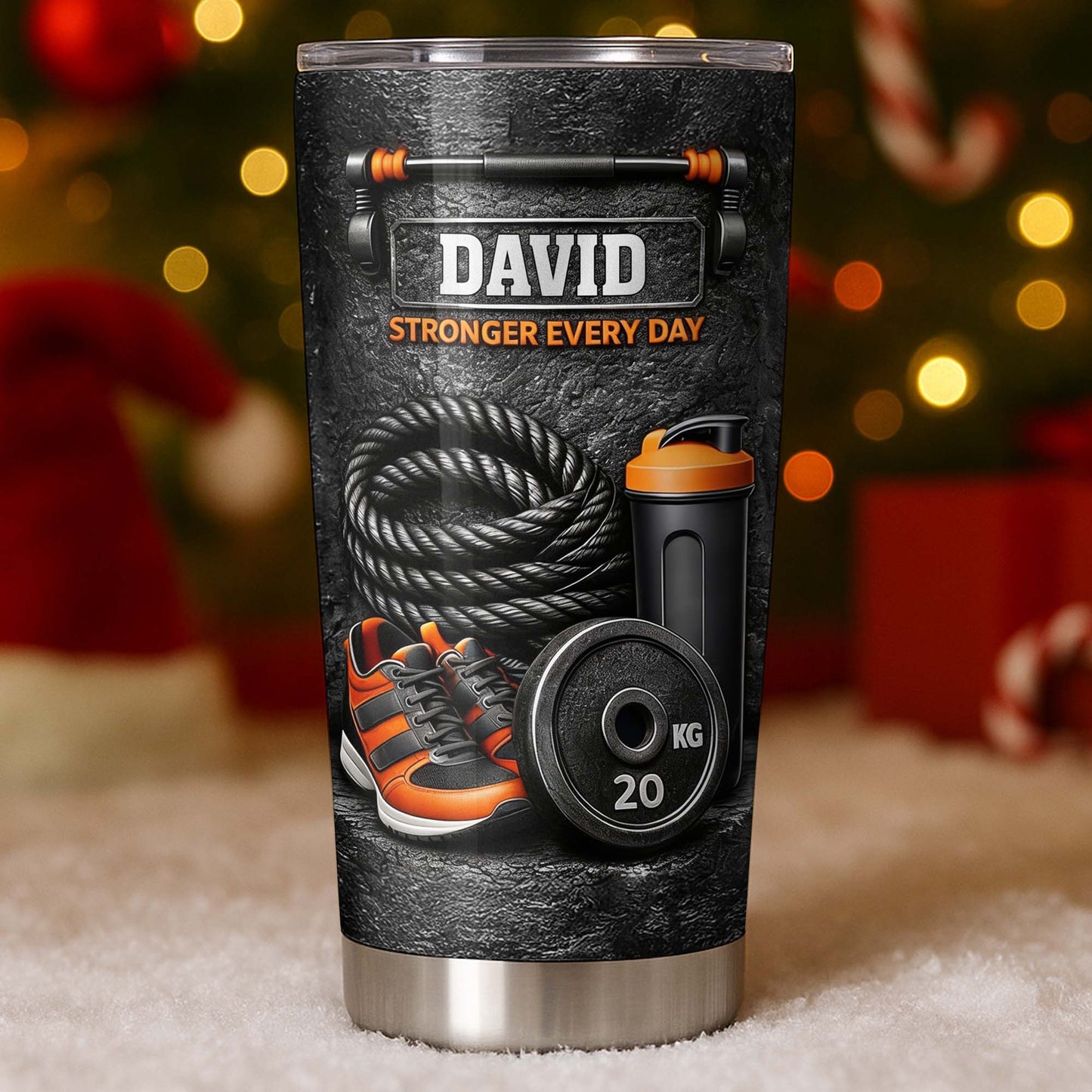 Stronger Every Day With Dumbbell, Sneakers, And Water Bottle