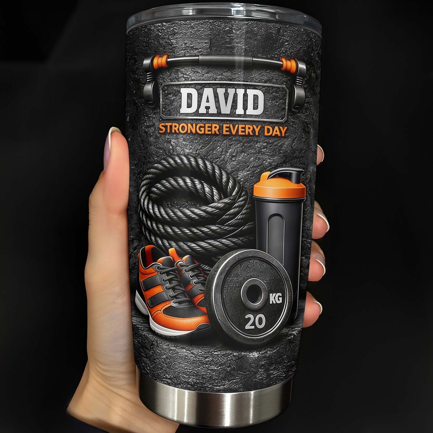 Stronger Every Day With Dumbbell, Sneakers, And Water Bottle