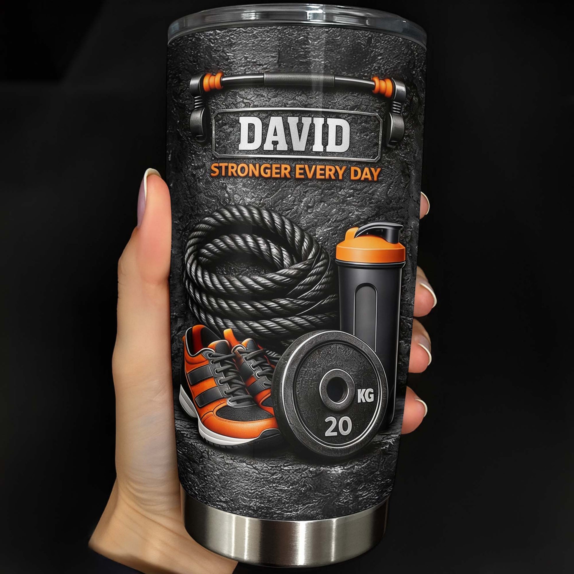 Stronger Every Day With Dumbbell, Sneakers, And Water Bottle