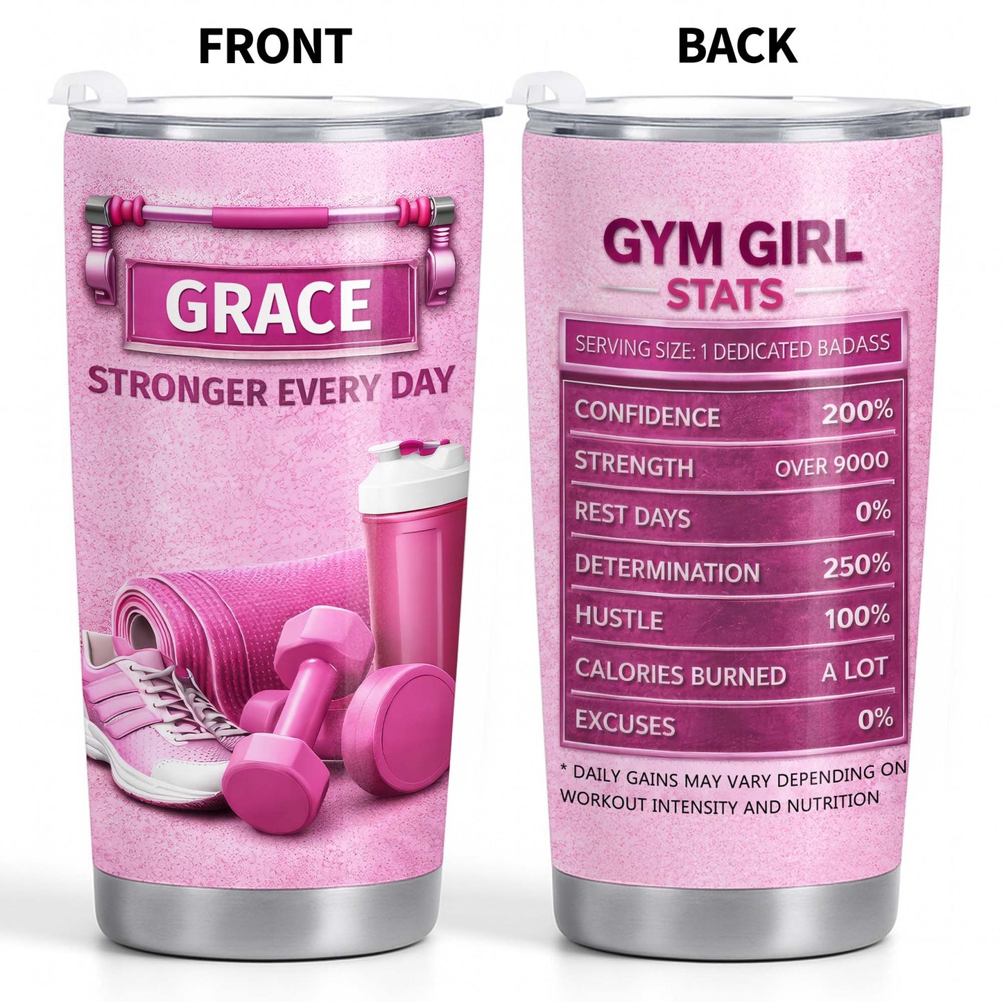 Stronger Every Day, Dumbbells, Water Bottle, Gym Shoes