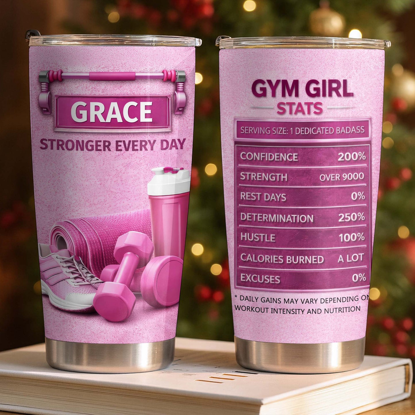 Stronger Every Day, Dumbbells, Water Bottle, Gym Shoes