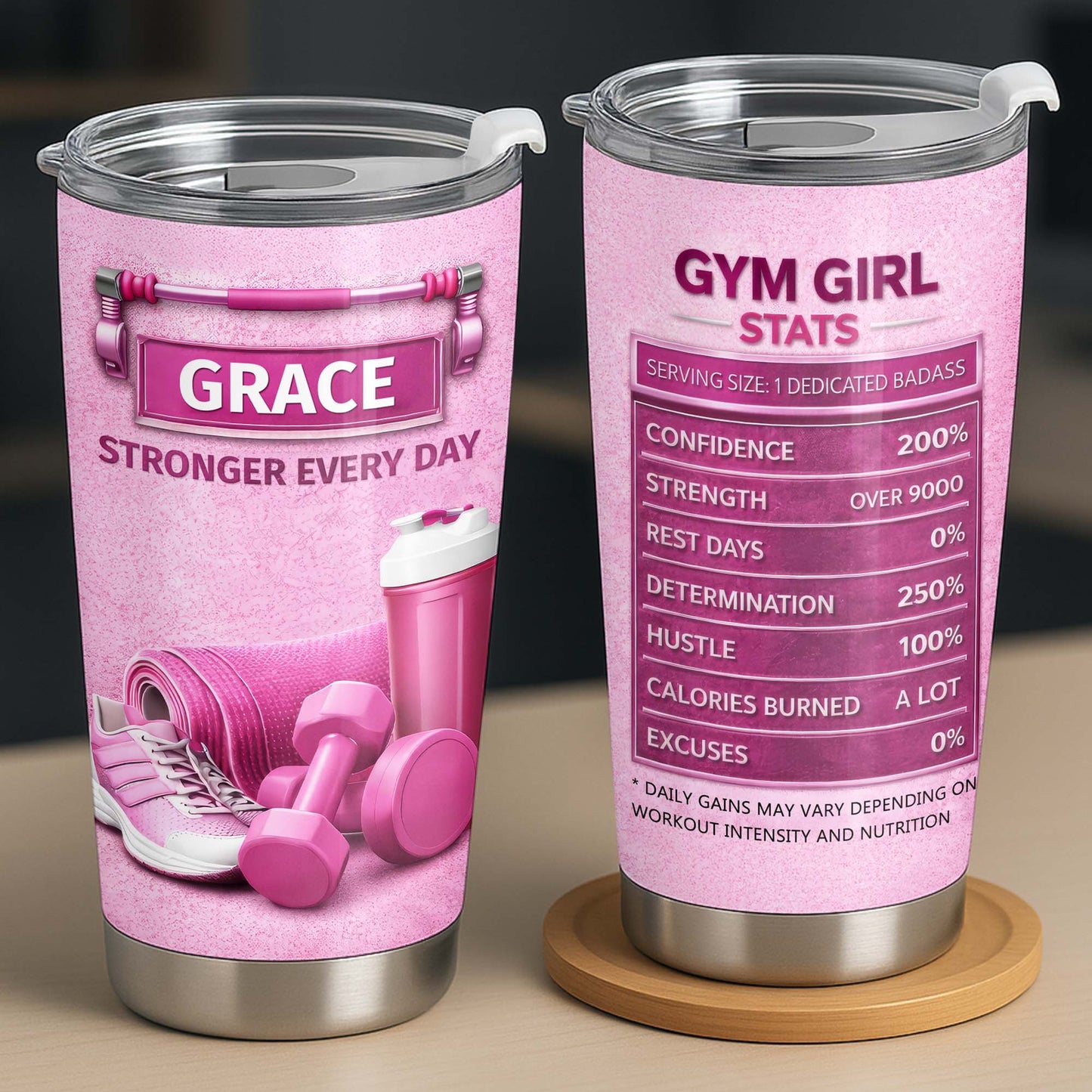 Stronger Every Day, Dumbbells, Water Bottle, Gym Shoes