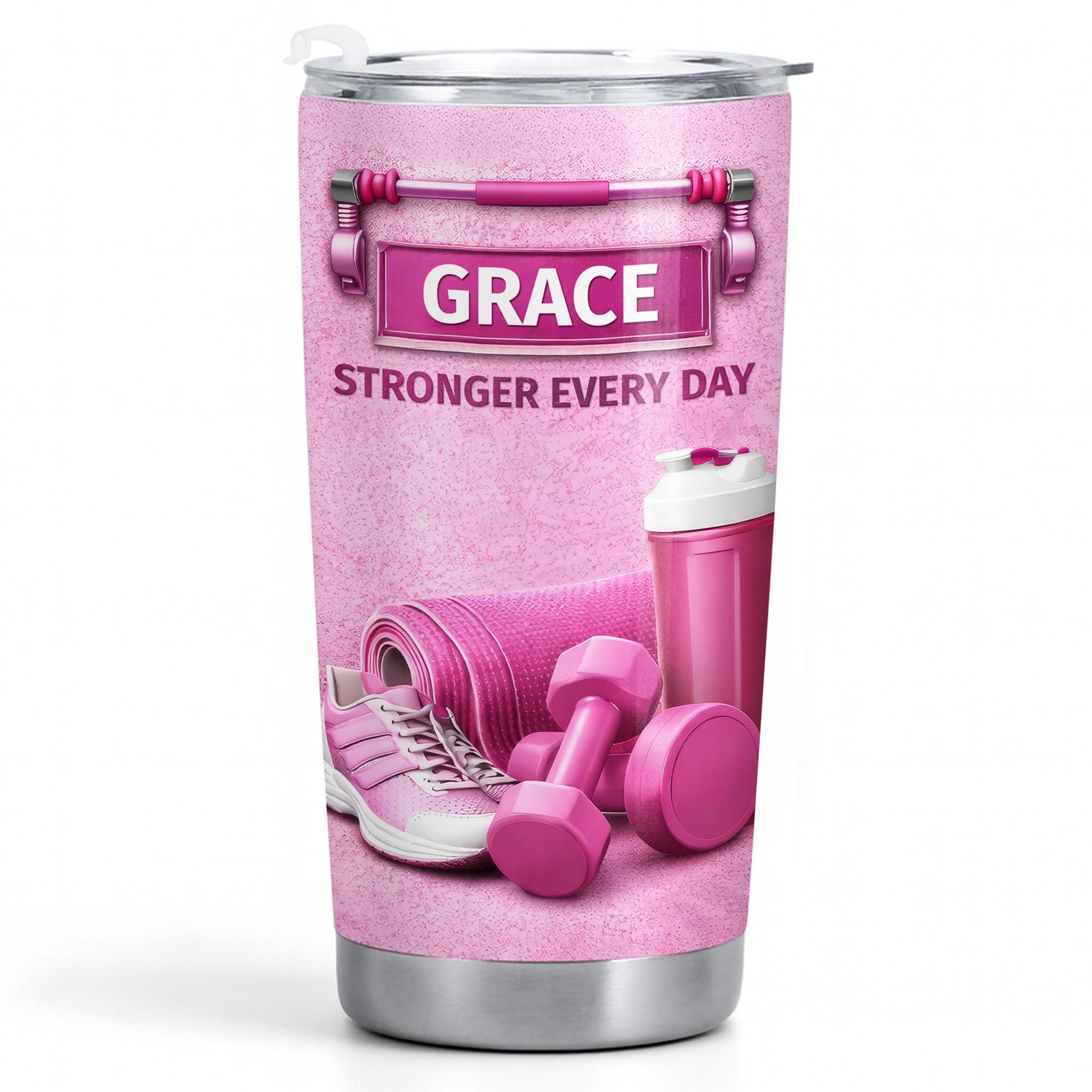 Stronger Every Day, Dumbbells, Water Bottle, Gym Shoes