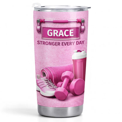 Stronger Every Day, Dumbbells, Water Bottle, Gym Shoes