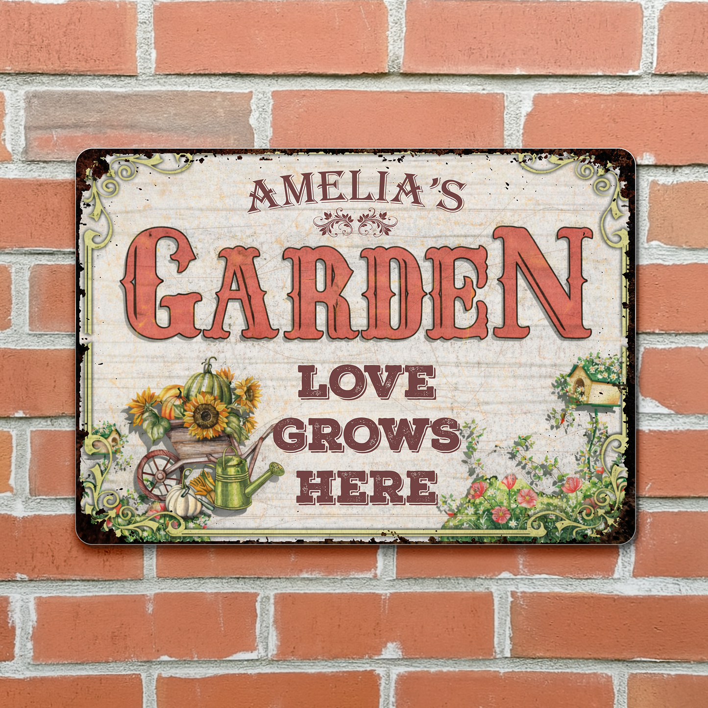 Love Grows Here With Sunflowers And Wheelbarrow - Personalized Metal Sign - GAR021_MSIGN