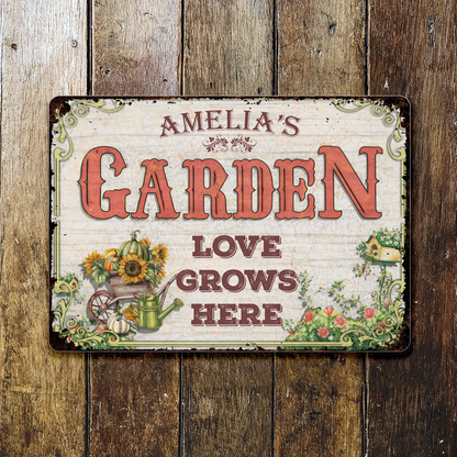 Love Grows Here With Sunflowers And Wheelbarrow - Personalized Metal Sign - GAR021_MSIGN