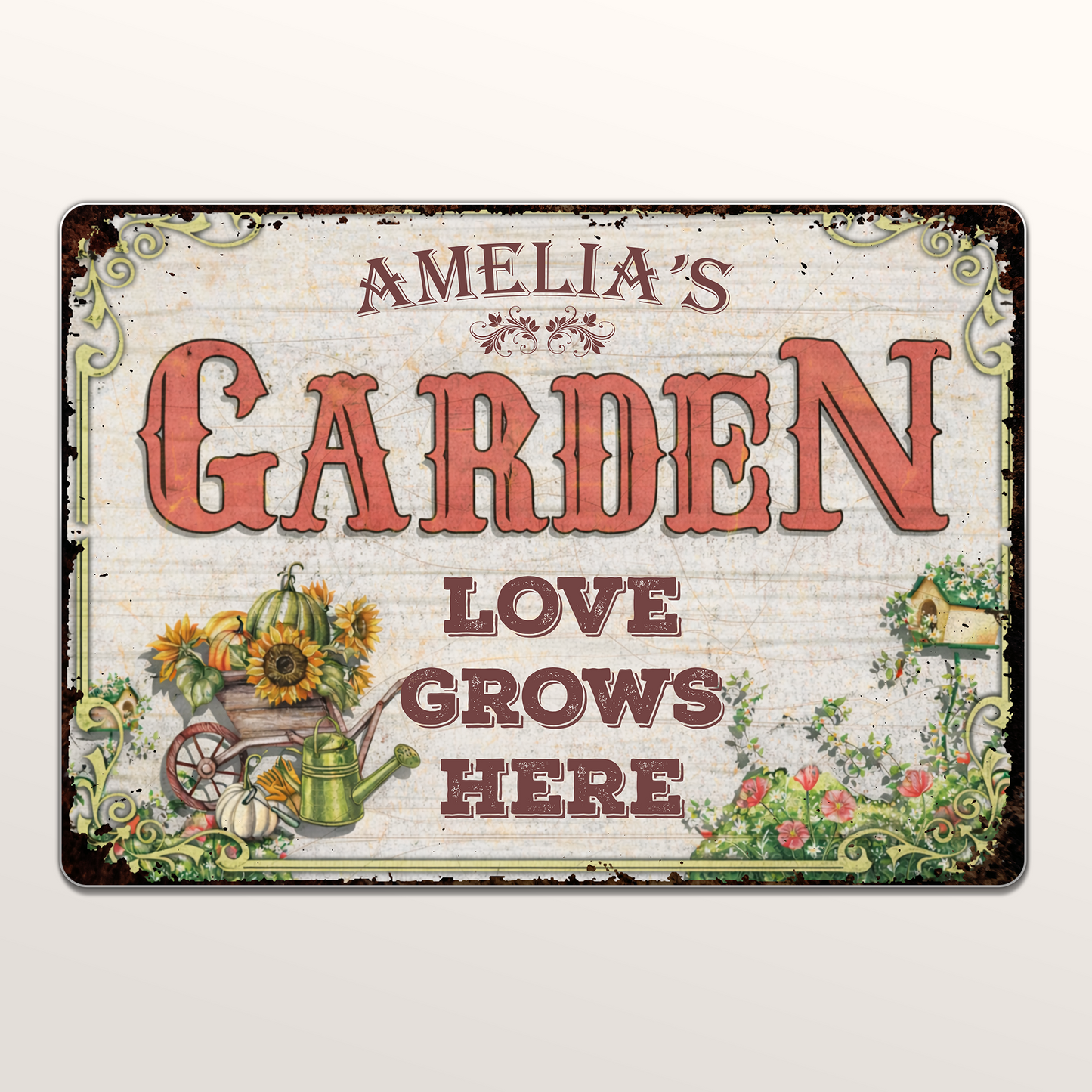 Love Grows Here With Sunflowers And Wheelbarrow - Personalized Metal Sign - GAR021_MSIGN