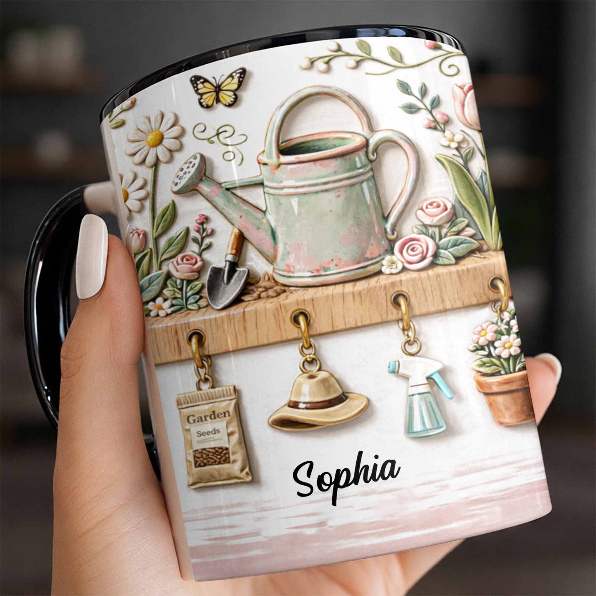 Personalized Mug With Watering Can And Flowers
