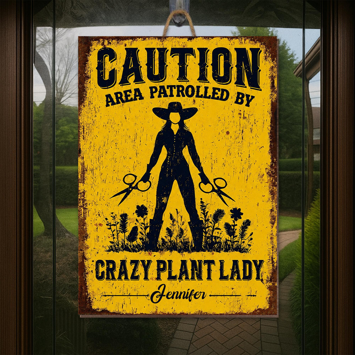 Caution Area Patrolled By Crazy Plant Lady Woman With Scissors And Flowers - Personalized Custom Shaped Wood Sign - GAR124_WSIGN