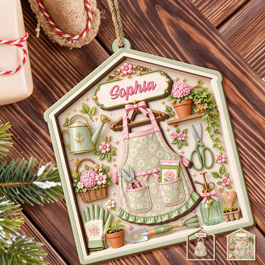 Garden Tools And Floral Apron Personalized Garden Lovers Decor - Personalized Double Layer Wood Ornament - GAR131_DWO