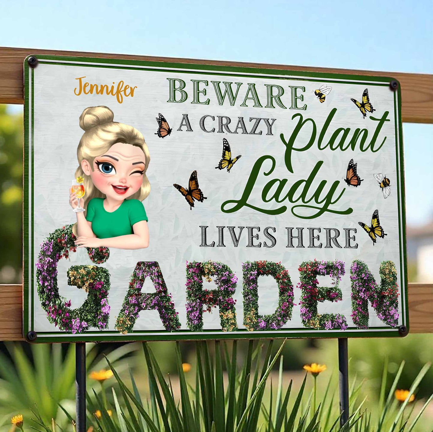 Be Aware A Crazy Plant Lady Lives Here - Personalized Metal Sign - GARD009_MSIGN