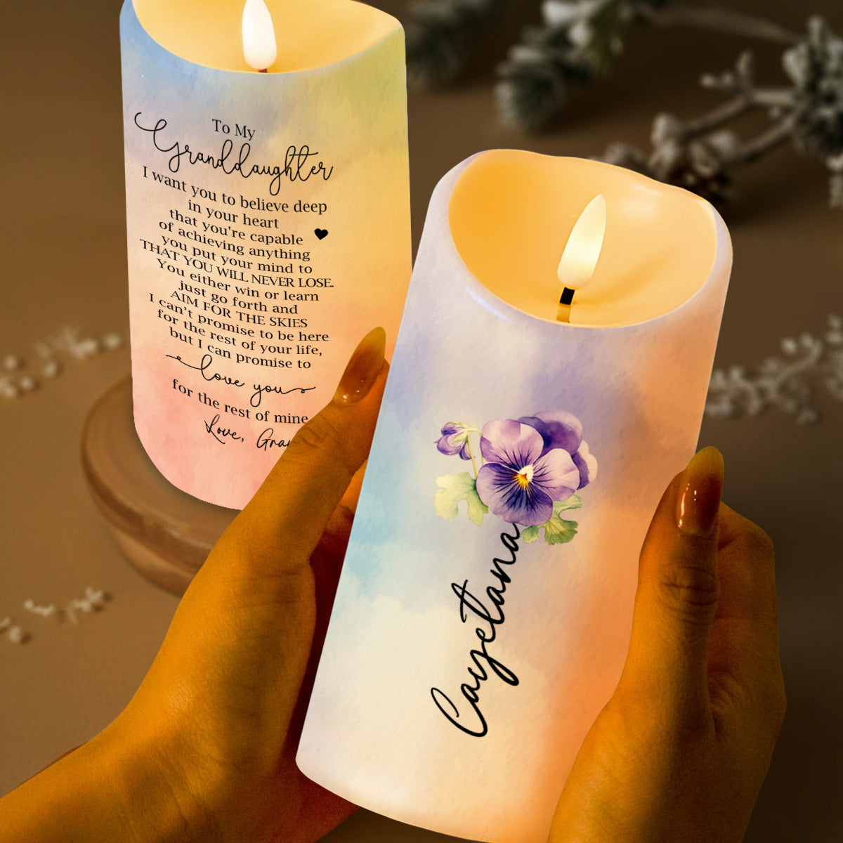 Personalized Pansy Flower LED Candle