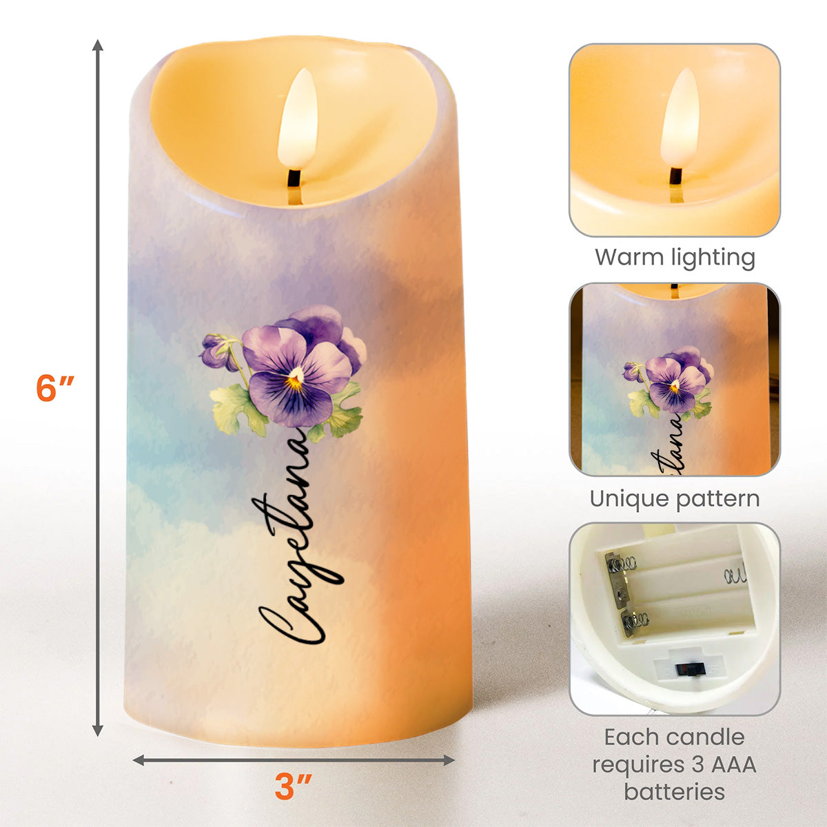 Personalized Pansy Flower LED Candle