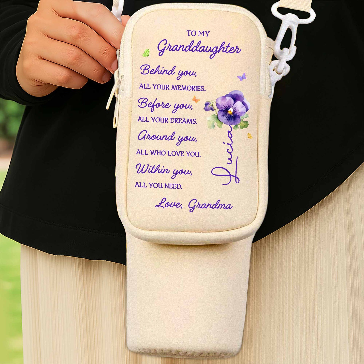 To My Granddaughter, All Your Memories, Pansy Flowers - Personalized Custom Water Bottle Carrier Bag - GDT024_BCB