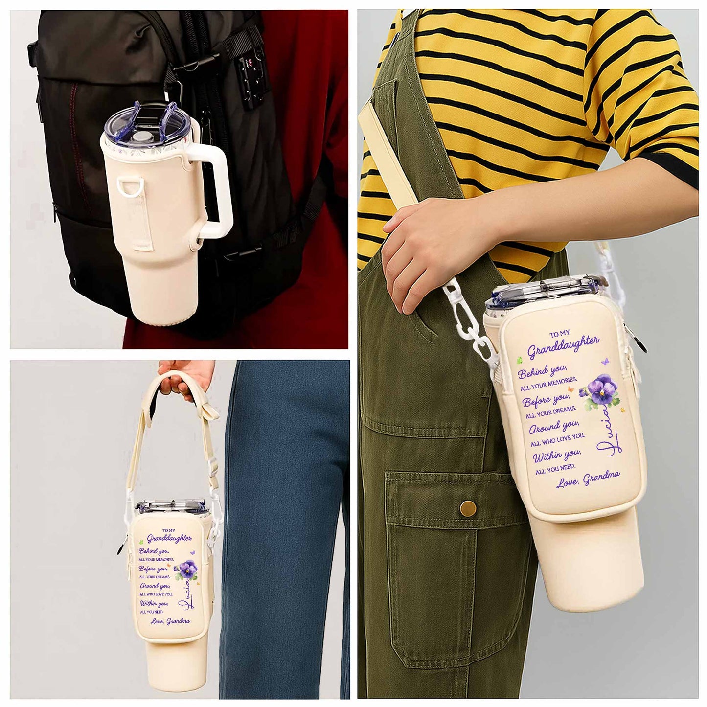 To My Granddaughter, All Your Memories, Pansy Flowers - Personalized Custom Water Bottle Carrier Bag - GDT024_BCB