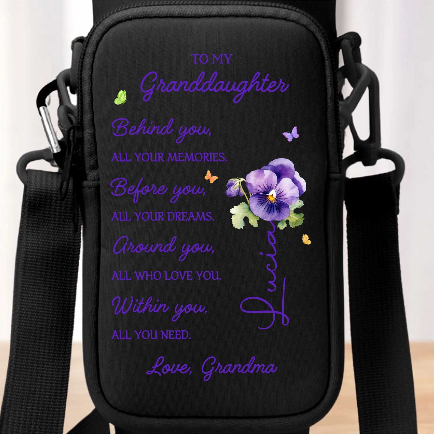 To My Granddaughter, All Your Memories, Pansy Flowers - Personalized Custom Water Bottle Carrier Bag - GDT024_BCB
