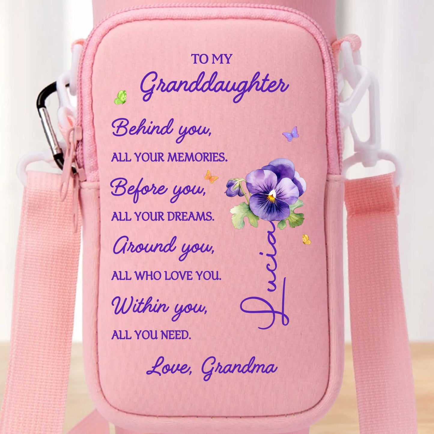 To My Granddaughter, All Your Memories, Pansy Flowers - Personalized Custom Water Bottle Carrier Bag - GDT024_BCB