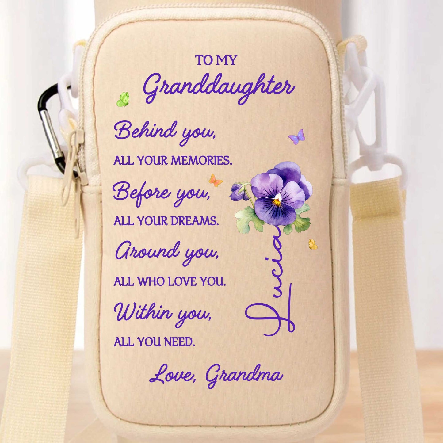 To My Granddaughter, All Your Memories, Pansy Flowers - Personalized Custom Water Bottle Carrier Bag - GDT024_BCB