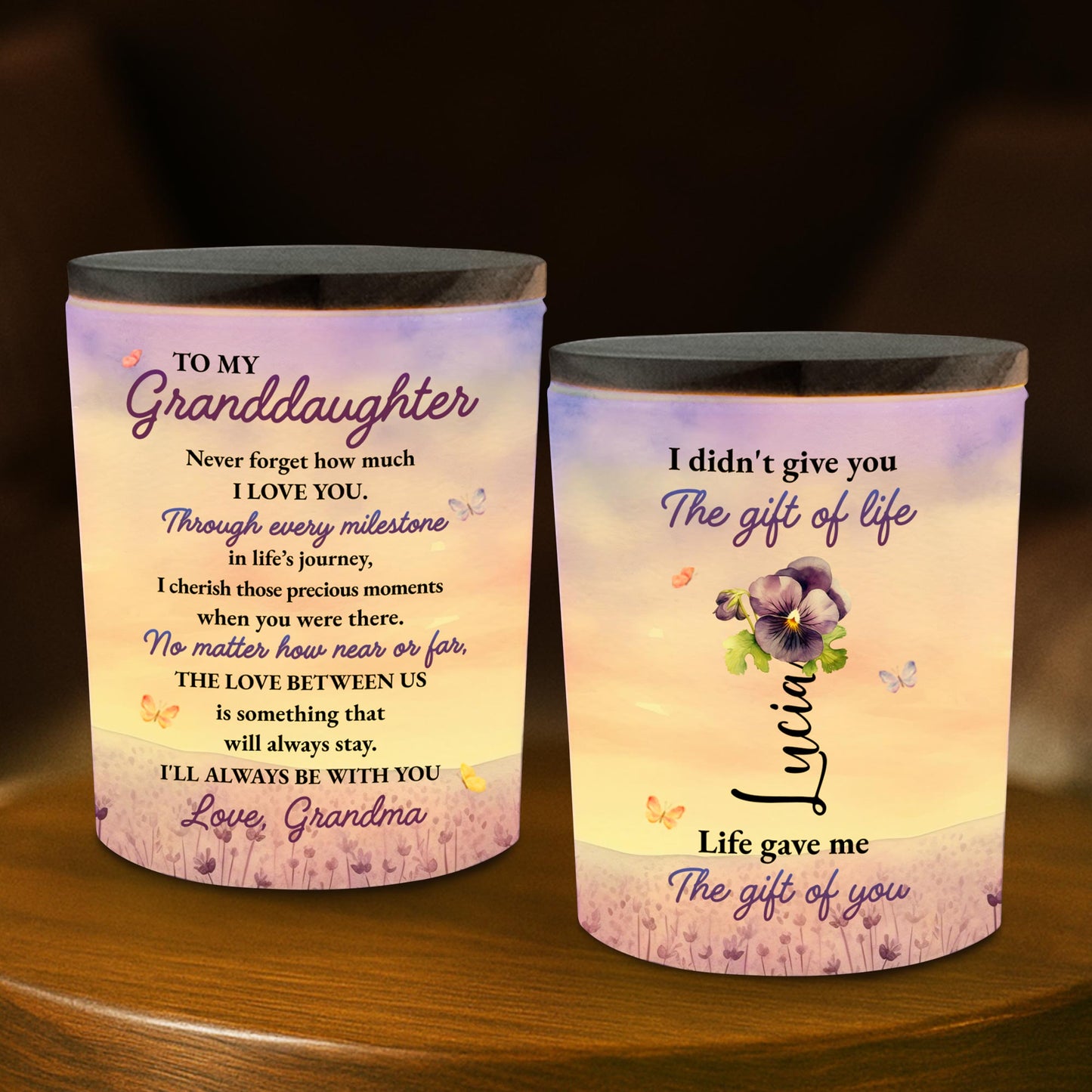 Para mi nieta, con cariño, de la abuela, con flores y mariposas - Tarro de cristal personalizado con LED - GDT121_LEJAR