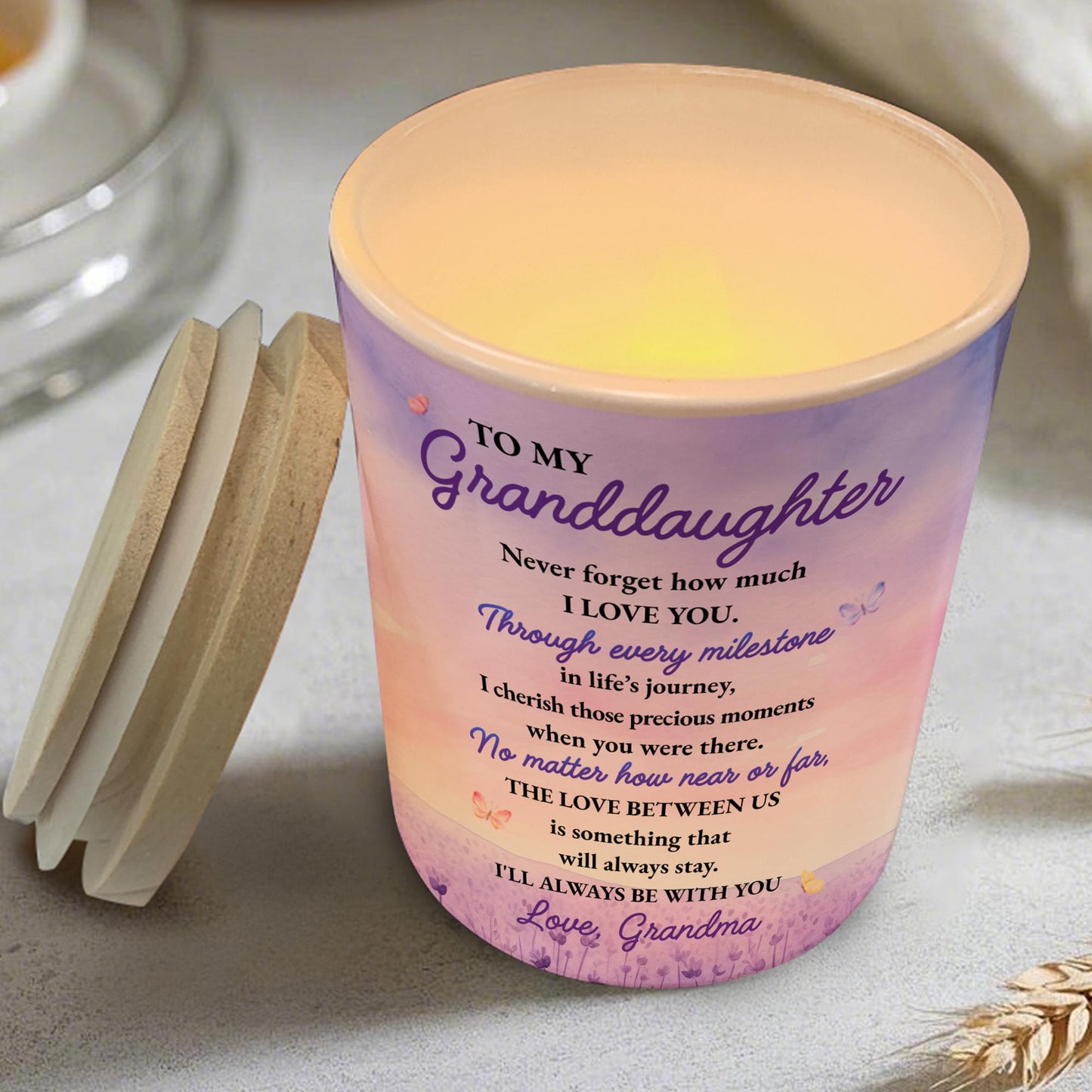 Para mi nieta, con cariño, de la abuela, con flores y mariposas - Tarro de cristal personalizado con LED - GDT121_LEJAR