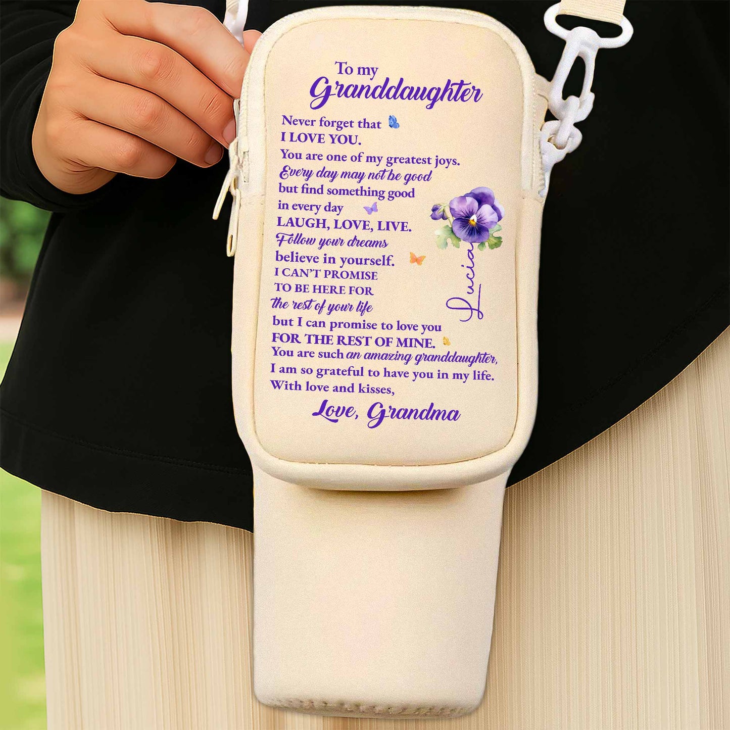 To My Granddaughter, Flowers and Butterfly Design - Personalized Custom Water Bottle Carrier Bag - GDT123_BCB