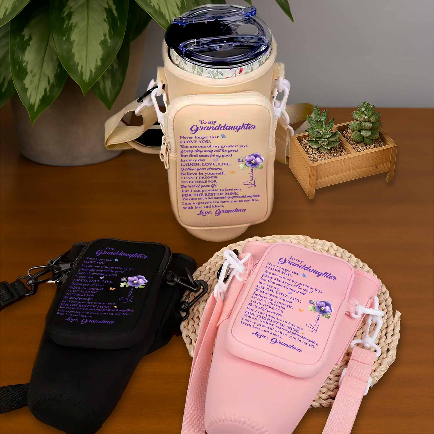 To My Granddaughter, Flowers and Butterfly Design - Personalized Custom Water Bottle Carrier Bag - GDT123_BCB