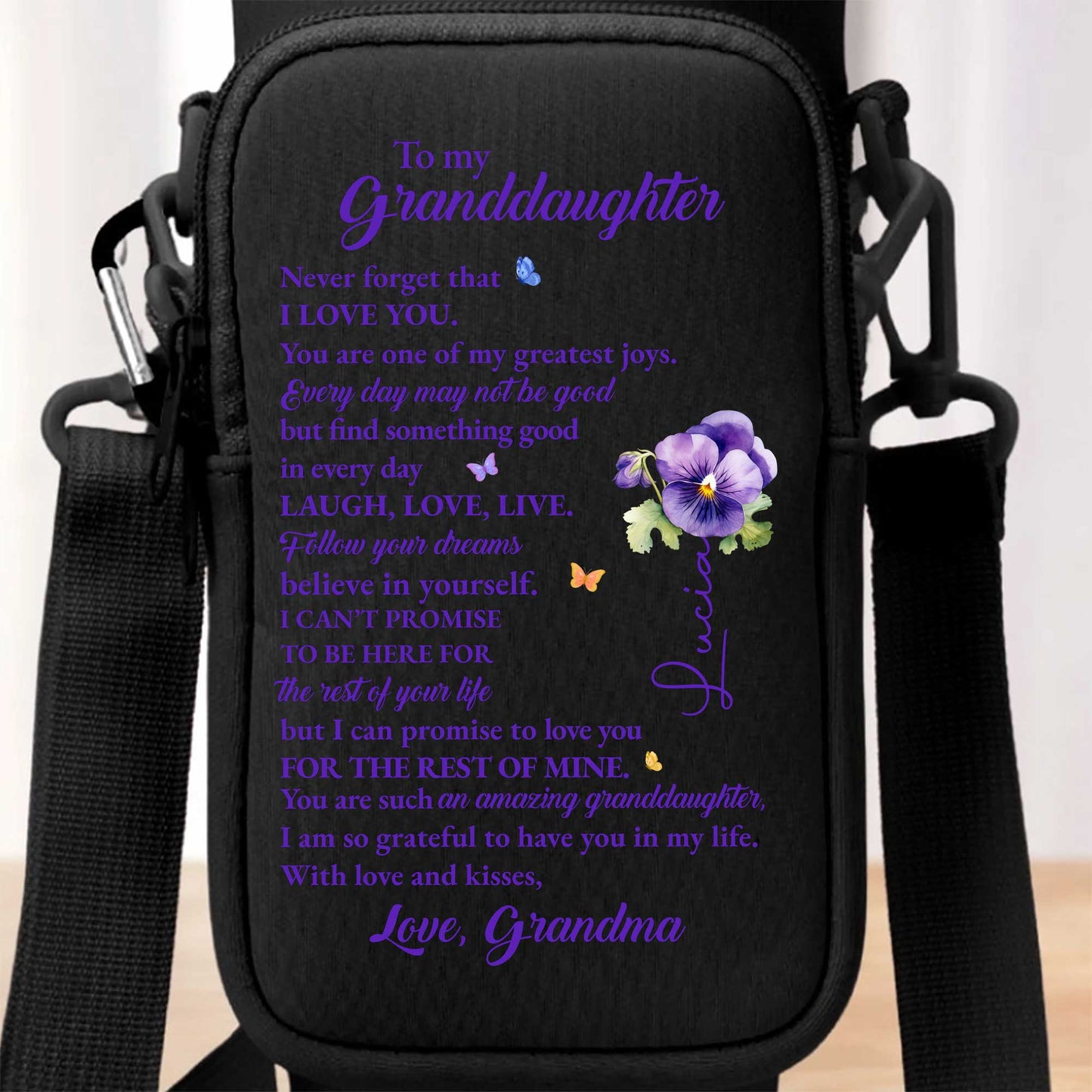 To My Granddaughter, Flowers and Butterfly Design - Personalized Custom Water Bottle Carrier Bag - GDT123_BCB