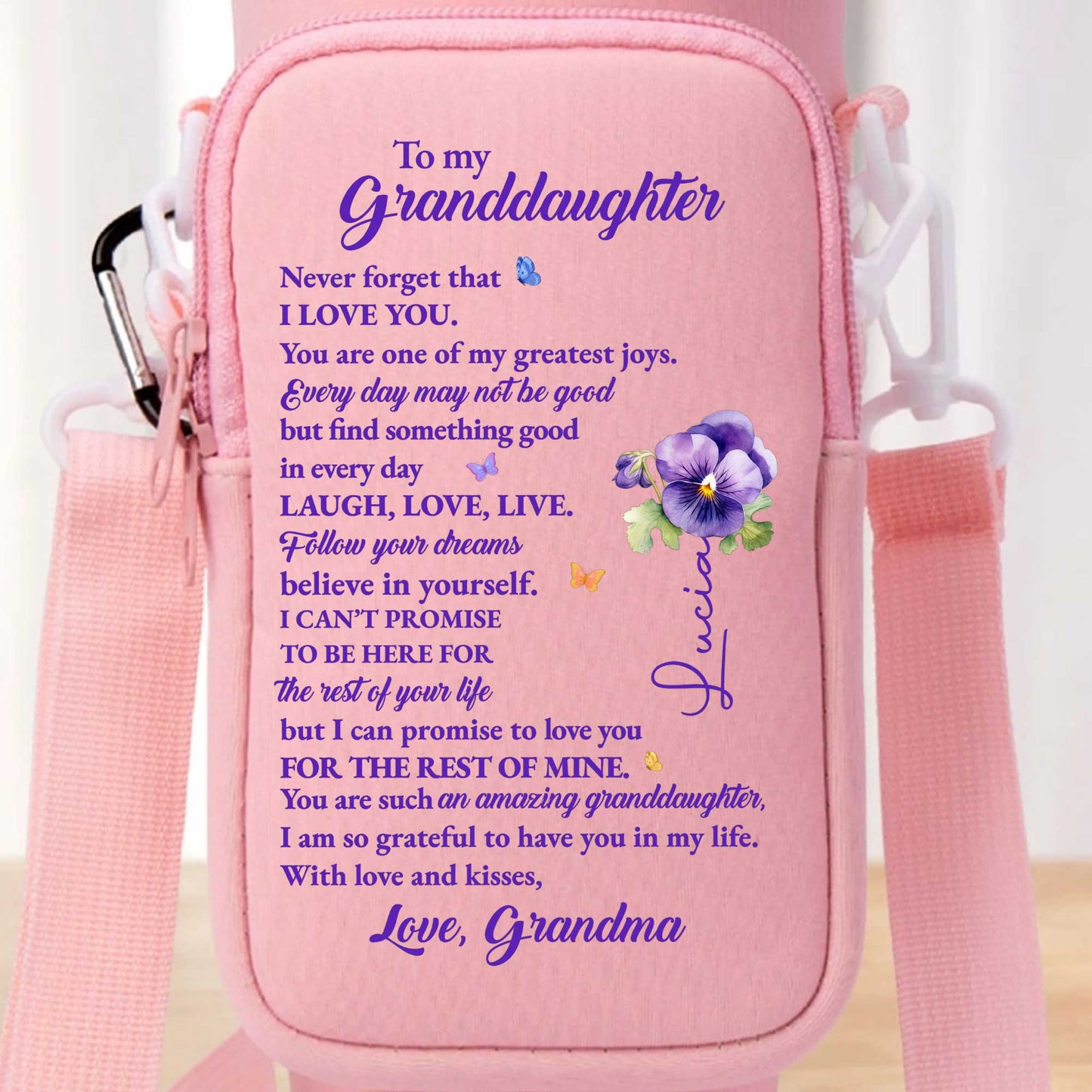 To My Granddaughter, Flowers and Butterfly Design - Personalized Custom Water Bottle Carrier Bag - GDT123_BCB