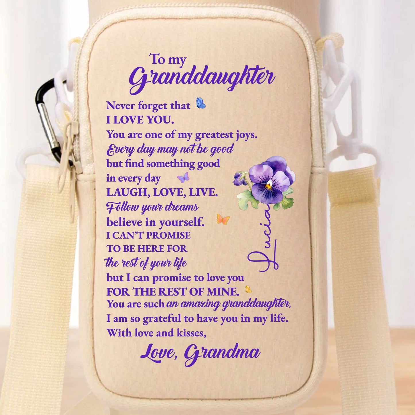 To My Granddaughter, Flowers and Butterfly Design - Personalized Custom Water Bottle Carrier Bag - GDT123_BCB