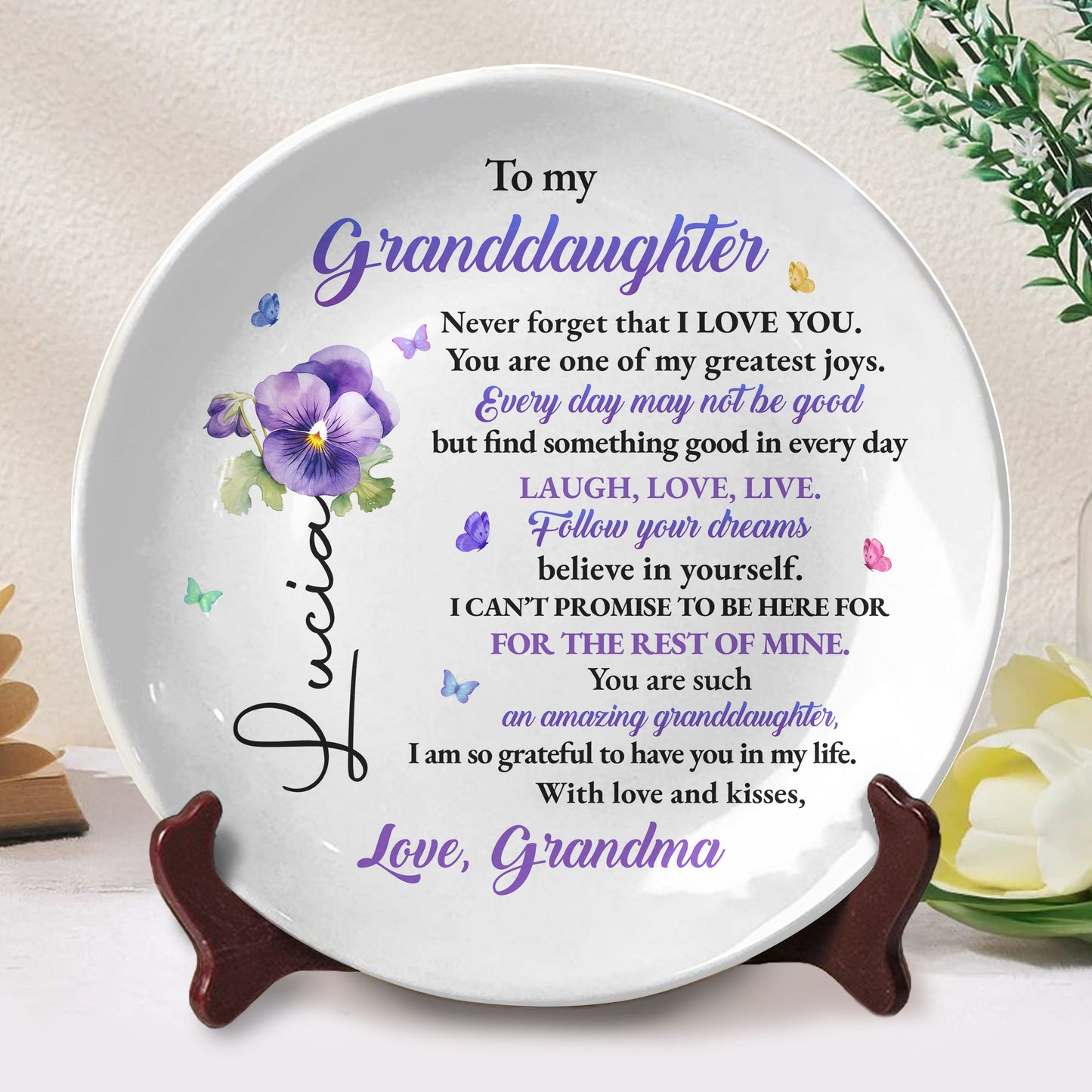 To My Granddaughter, Love and Flowers Ceramic Plate