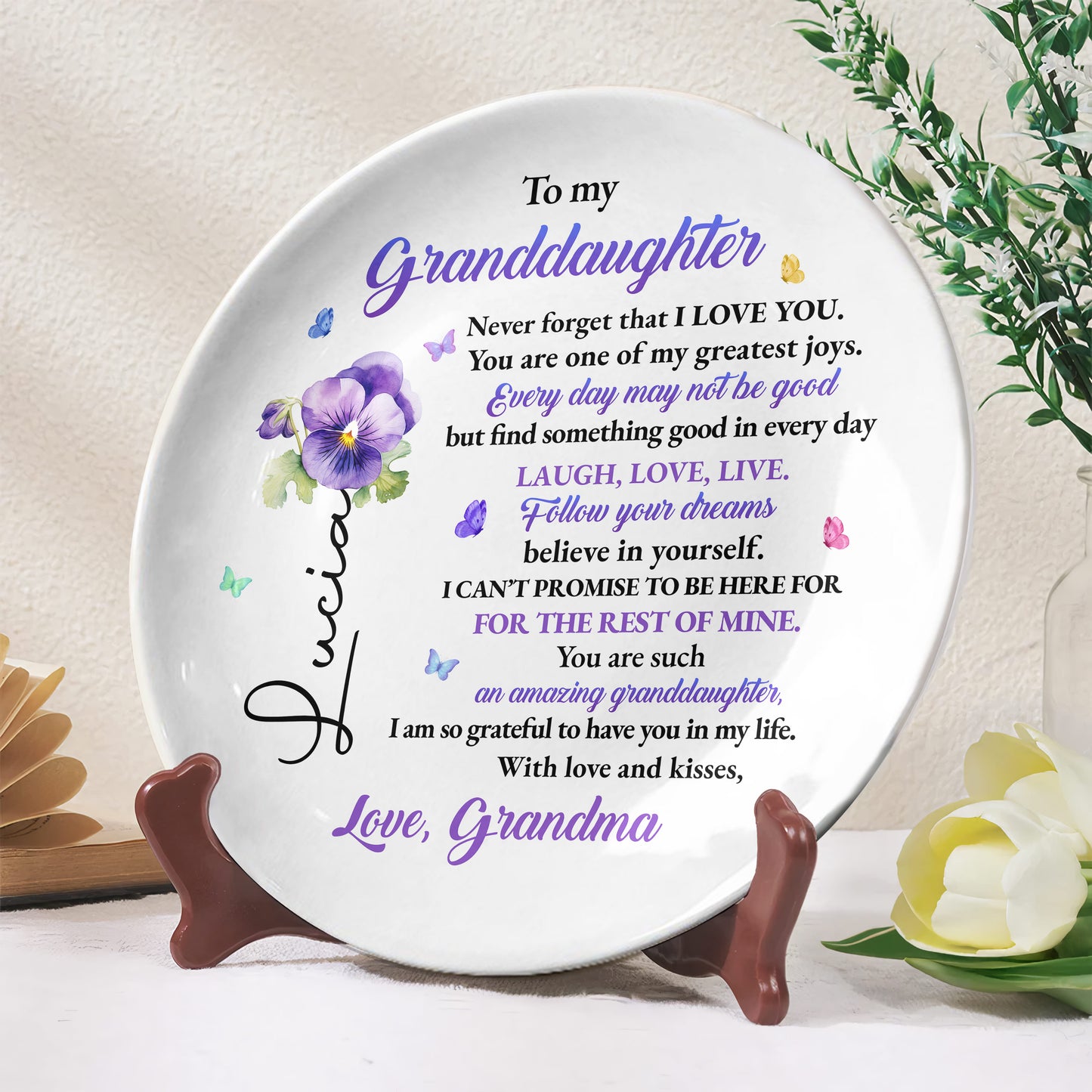 To My Granddaughter, Love and Flowers Ceramic Plate