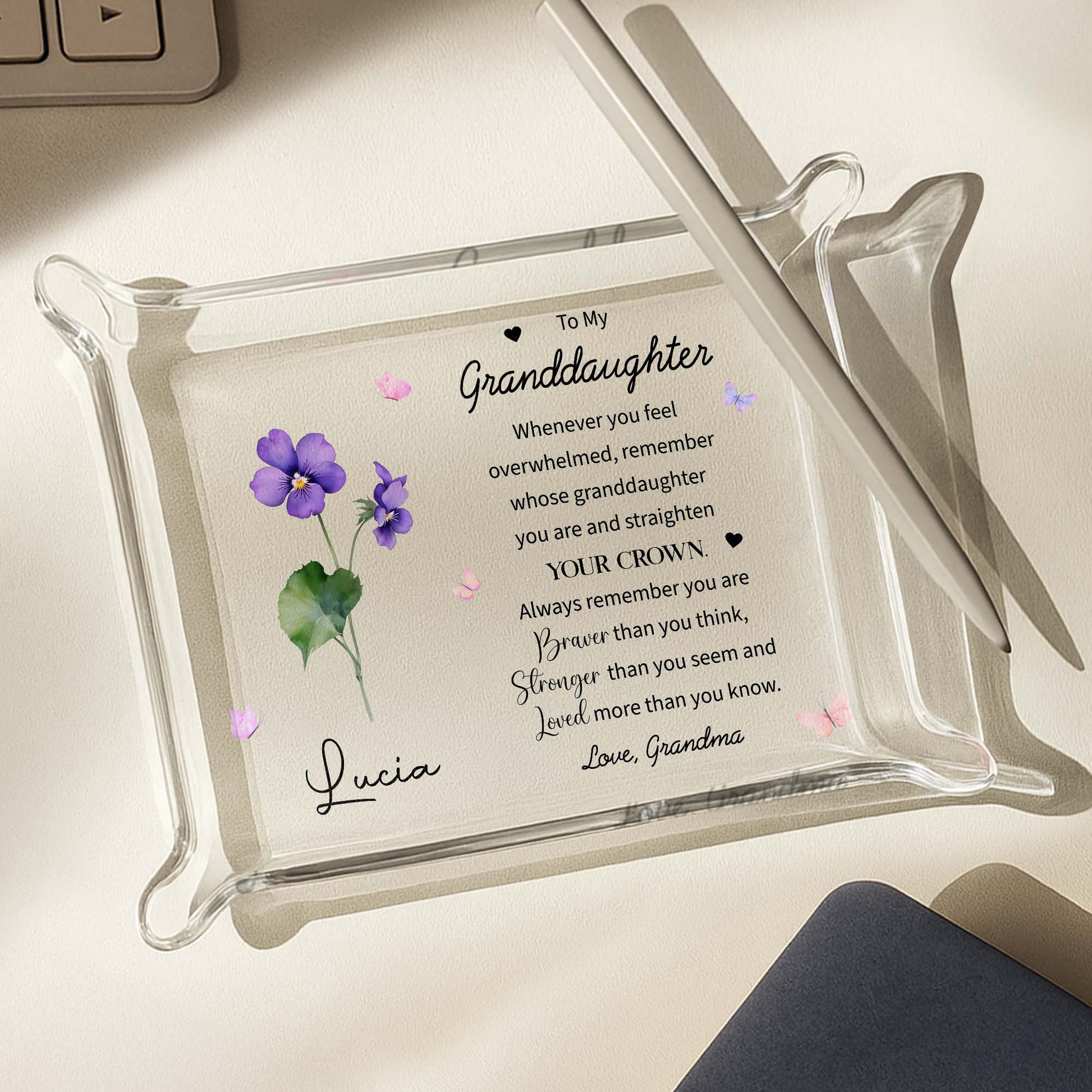 To My Granddaughter Acrylic Tray with Flowers and Butterflies