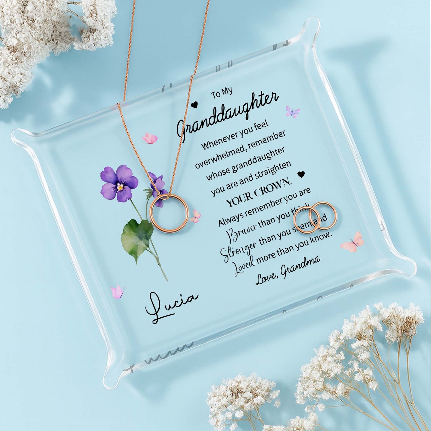 To My Granddaughter Acrylic Tray with Flowers and Butterflies