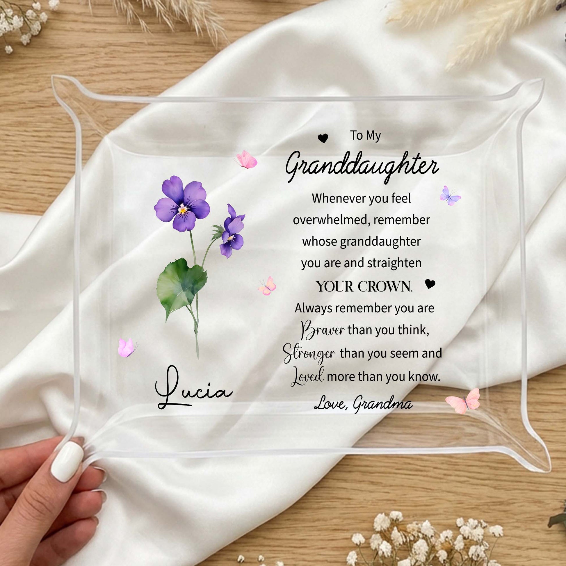 To My Granddaughter Acrylic Tray with Flowers and Butterflies