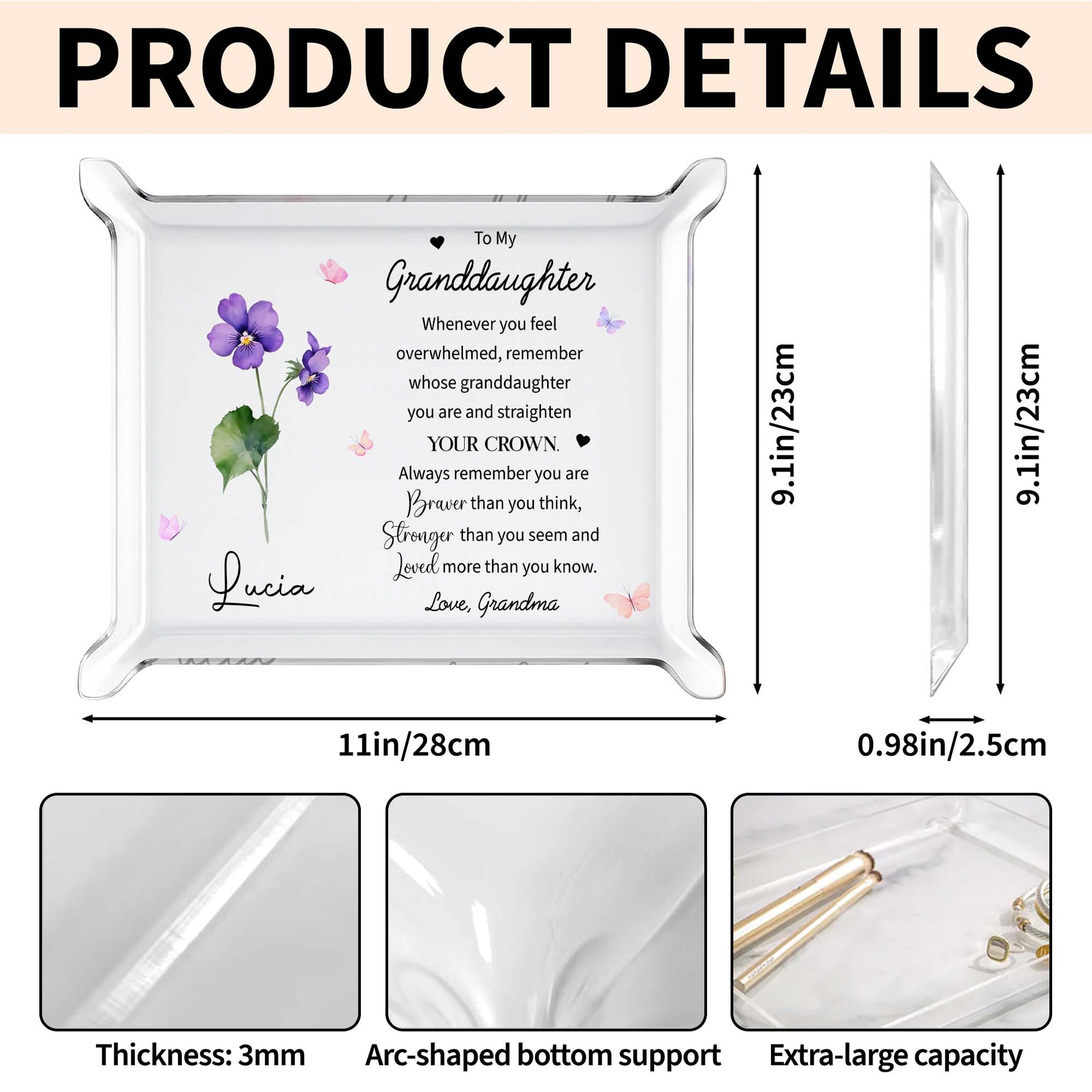 To My Granddaughter Acrylic Tray with Flowers and Butterflies