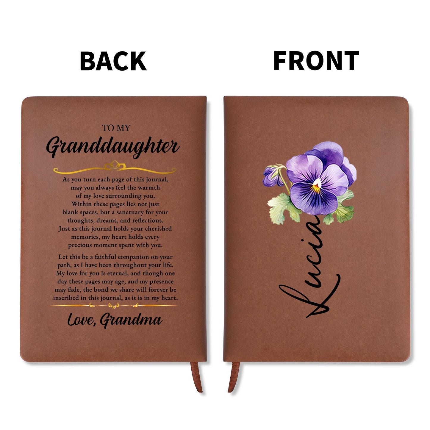 Pansy Flower Heartfelt Message Journal For Granddaughter - Personalized Custom Leather Journal - GDT182_JRNL