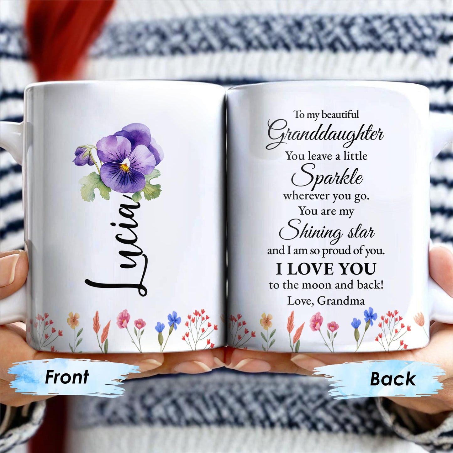 Petite-fille, tu es mon étoile brillante ; message d'amour avec fleurs de pensées - Tasse à café personnalisée - GDT187_MG