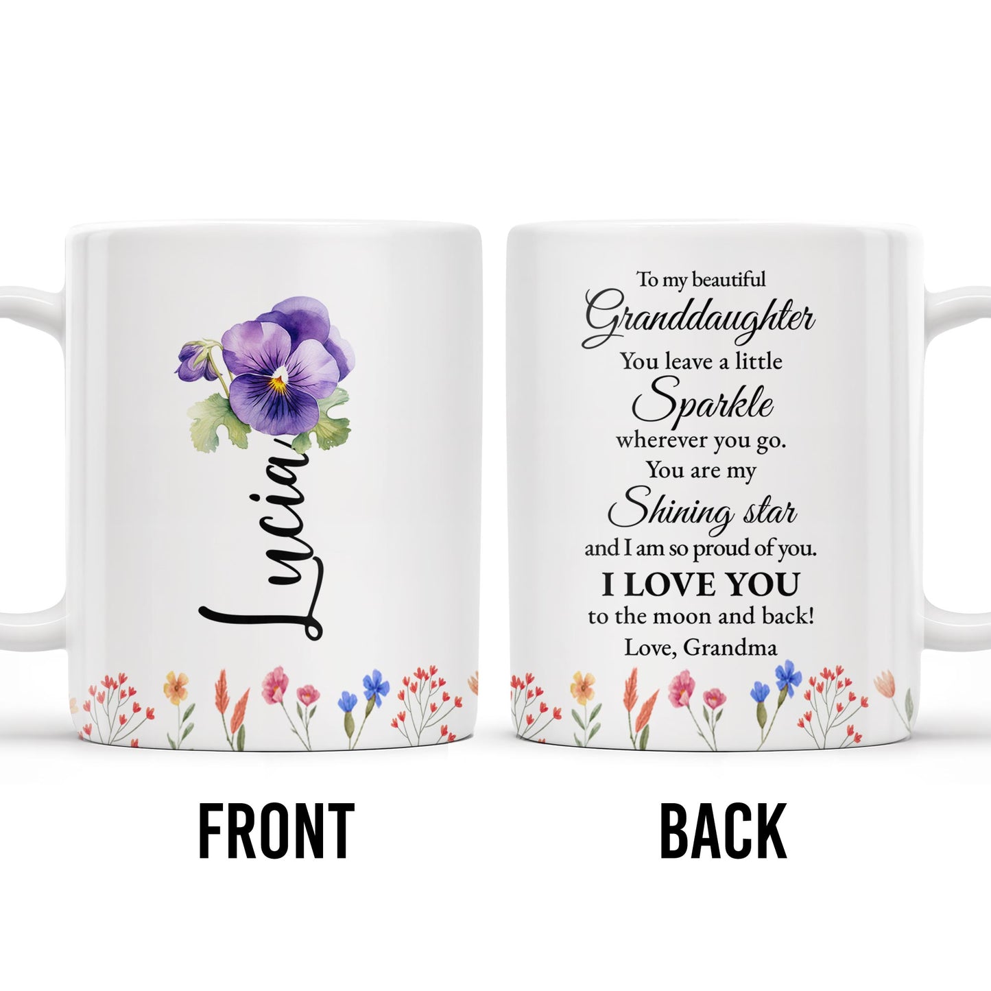 Petite-fille, tu es mon étoile brillante ; message d'amour avec fleurs de pensées - Tasse à café personnalisée - GDT187_MG