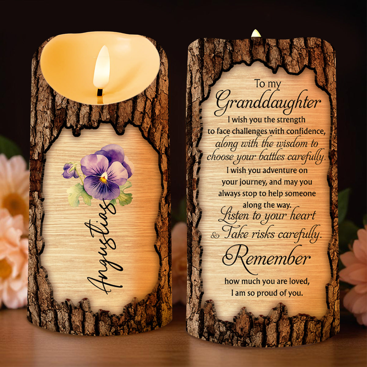 Listen To Your Heart Wood-Texture Floral Candle