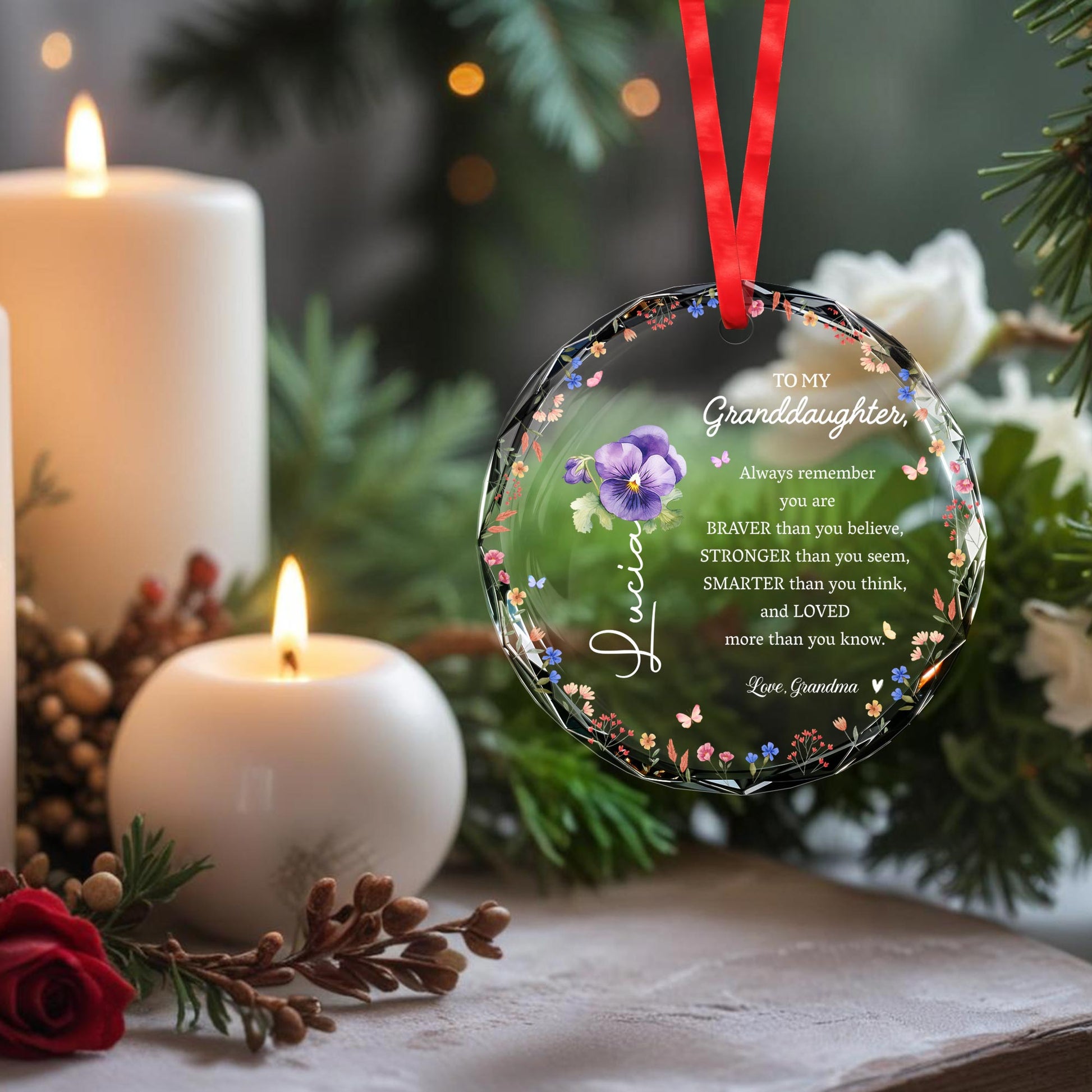 Braver Stronger Loved Inspirational Flower Ornament