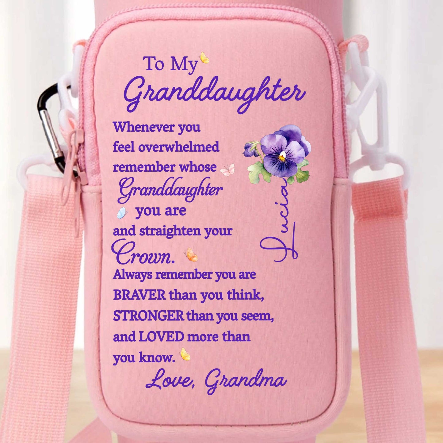 To My Granddaughter, Straighten Your Crown, Remember You Are Braver - Personalized Custom Water Bottle Carrier Bag - GDT223_BCB