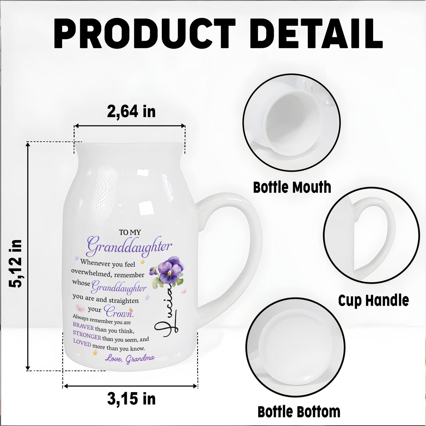 To My Granddaughter, Whenever You Feel Overwhelmed Remember Whose Granddaughter You Are, Crown and Flower - Personalized Ceramic Flower Vase - GDT223_CEV