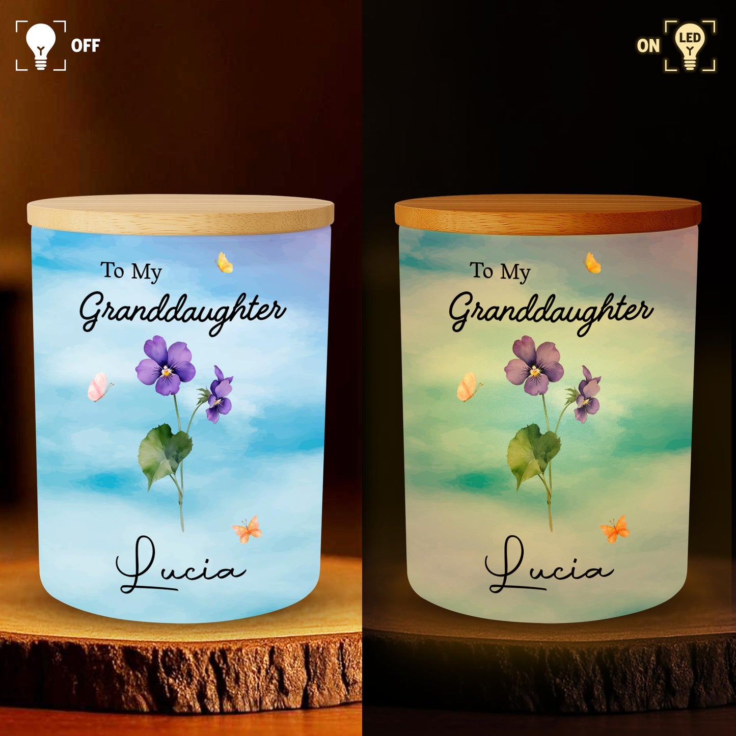 To My Granddaughter, Straighten Your Crown, Flowers, and Butterflies - Personalized Custom Glass Jar With LED - GDT223_LEJAR