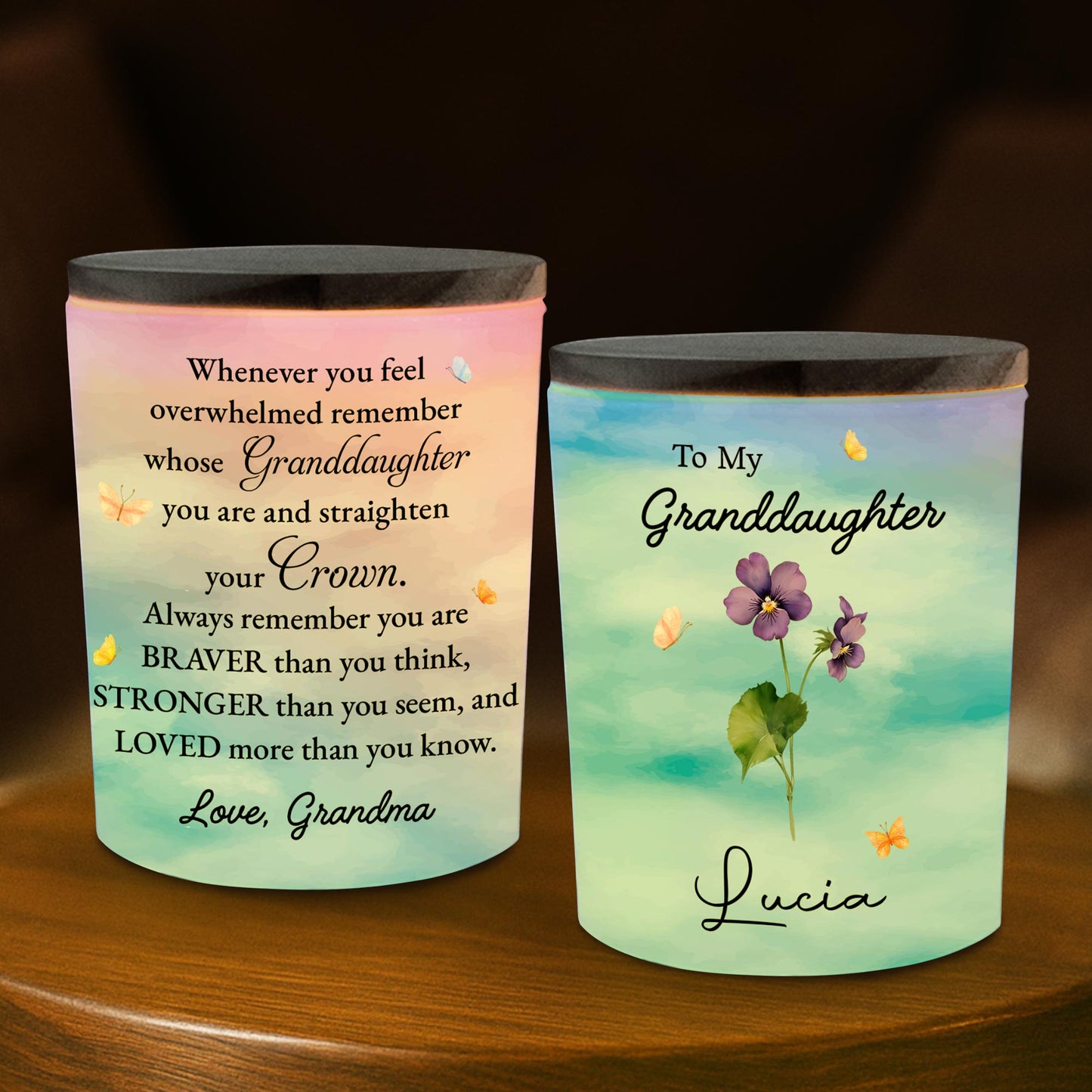 To My Granddaughter, Straighten Your Crown, Flowers, and Butterflies - Personalized Custom Glass Jar With LED - GDT223_LEJAR