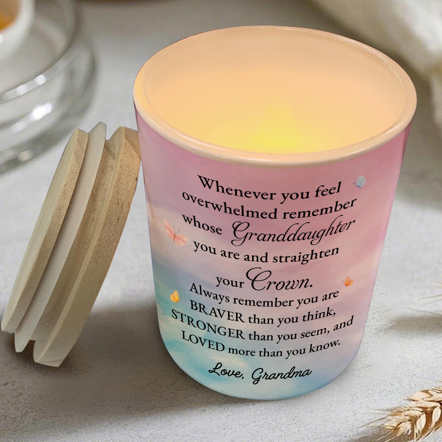 To My Granddaughter, Straighten Your Crown, Flowers, and Butterflies - Personalized Custom Glass Jar With LED - GDT223_LEJAR