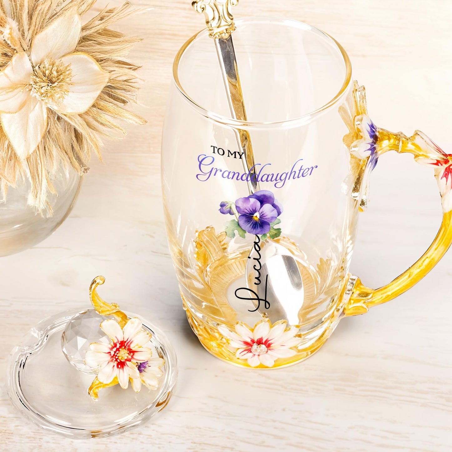 To My Granddaughter, Enamel Flowers and Spoon