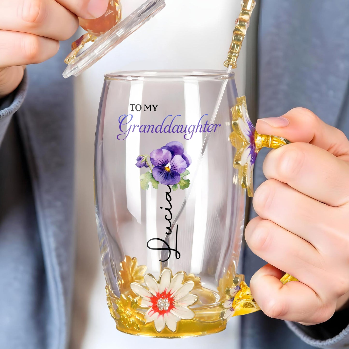 To My Granddaughter, Enamel Flowers and Spoon