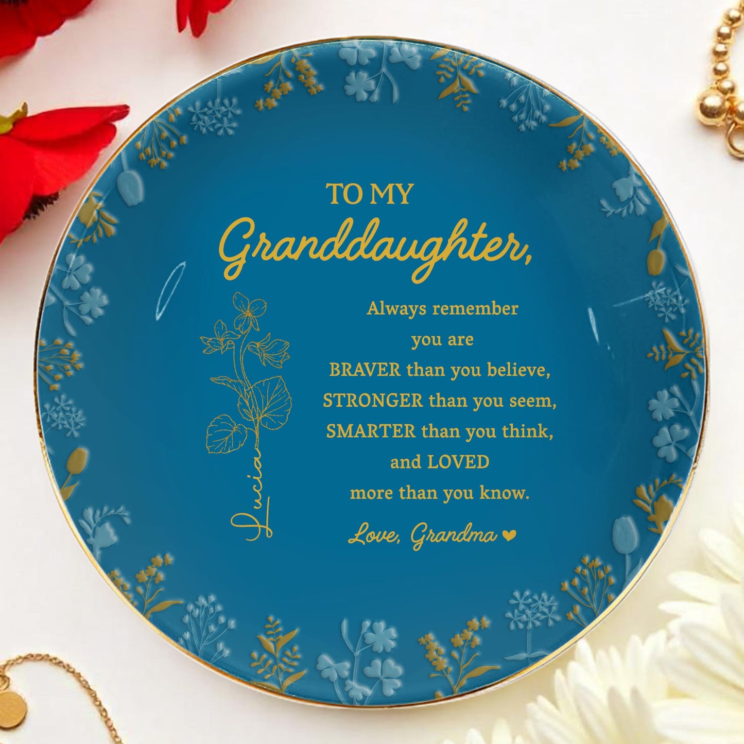 Plat à bijoux personnalisé en céramique, rond, avec citation inspirante « Braver Stronger Smarter Loved Petitedaughter » - GDT241_RCRF