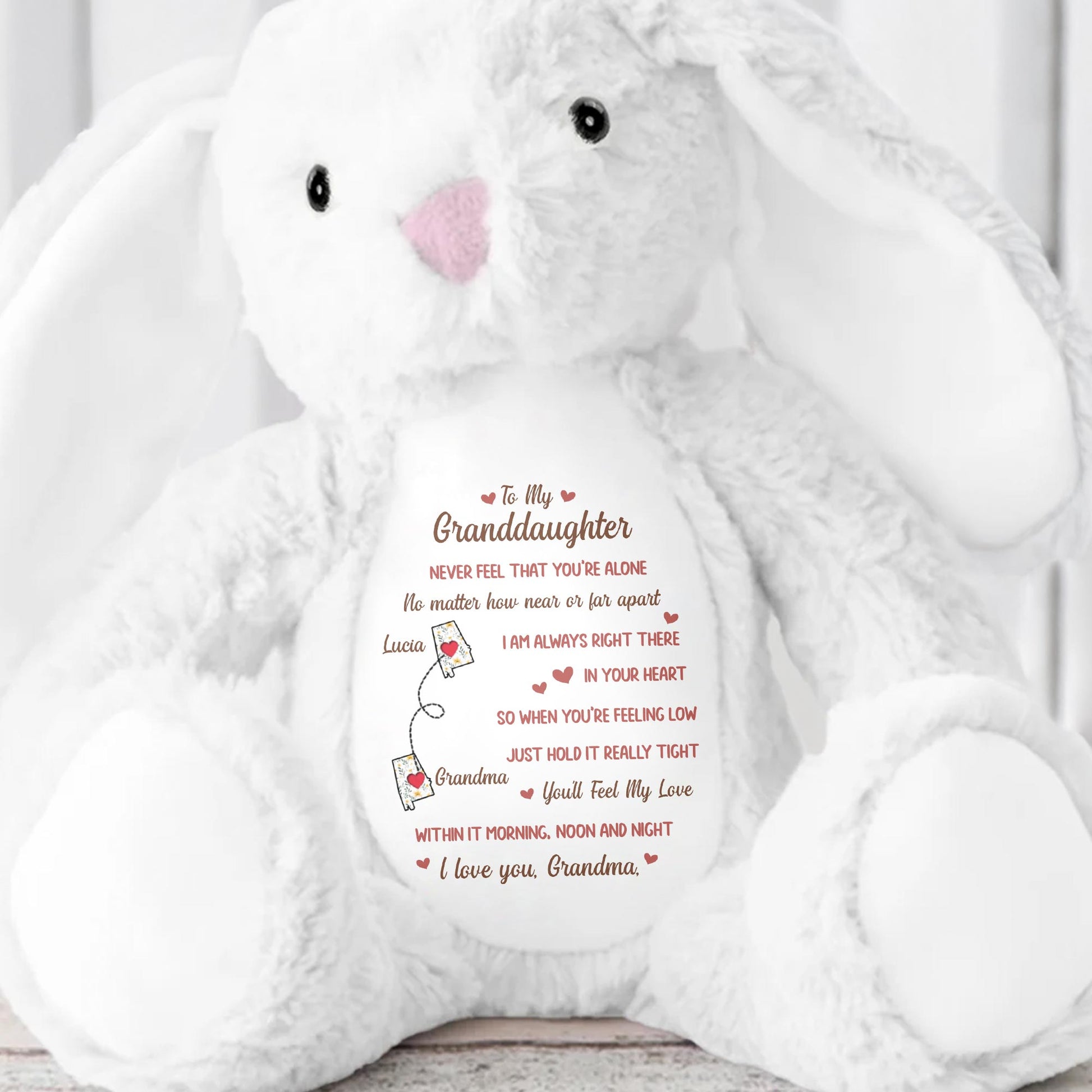 To My Granddaughter, Never Feel That You're Alone, Stuffed Bunny and Heart